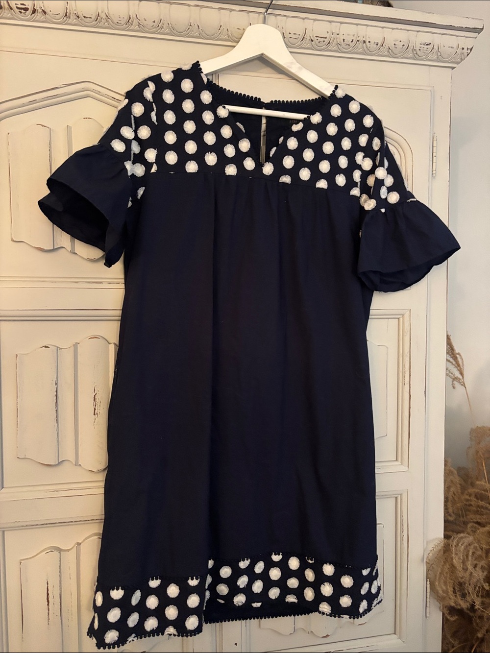 J. Crew Navy Mini Dress with White Polka Dot Yoke and Hem